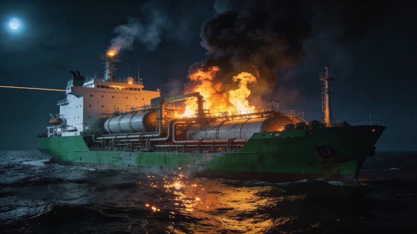 горящий танкер, вид спереди