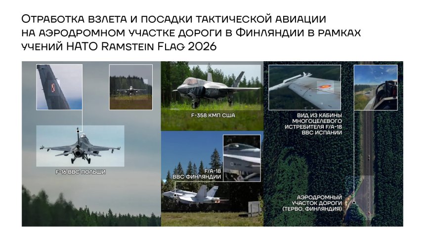 Отработка взлета и посадки тактической авиации на аэродромном участке дороги в Финляндии в рамках учений НАТО Ramshtein Flag 2026 года