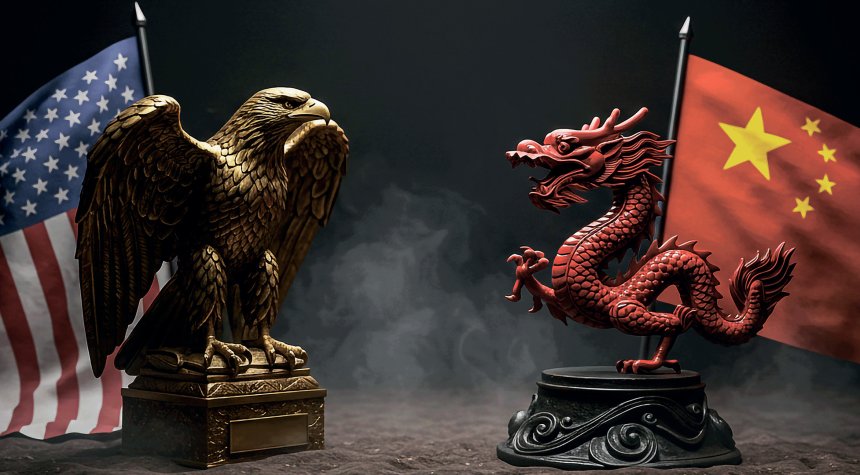 Орел напротив Дракона на фоне флагов США и Китая