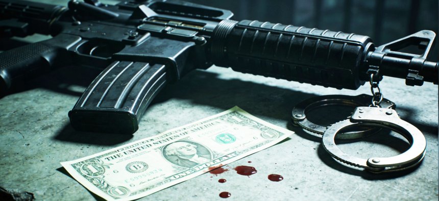 Доллар США, автомат и наручники