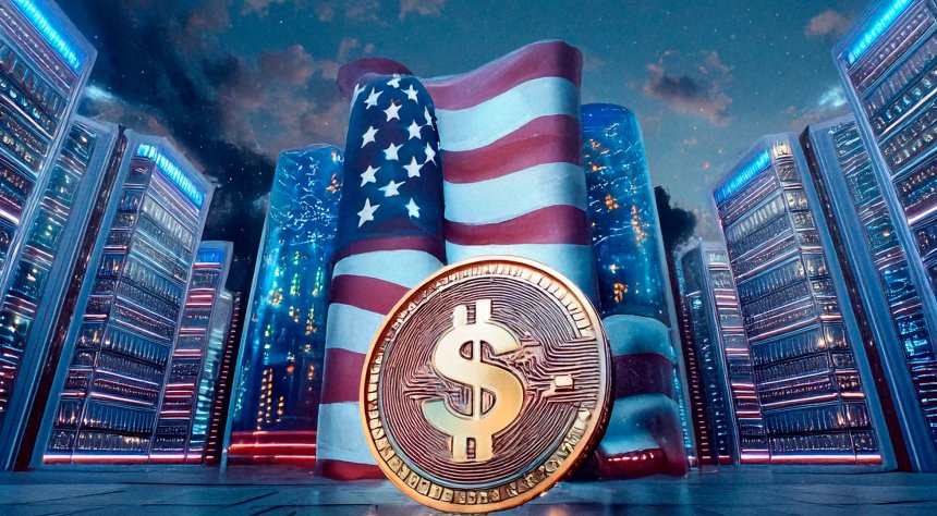 Флаг США, знак доллара и серверные стойки