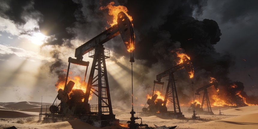 Горящие нефтяные качалки, расположенные в пустыне на фоне дыма, абстракция