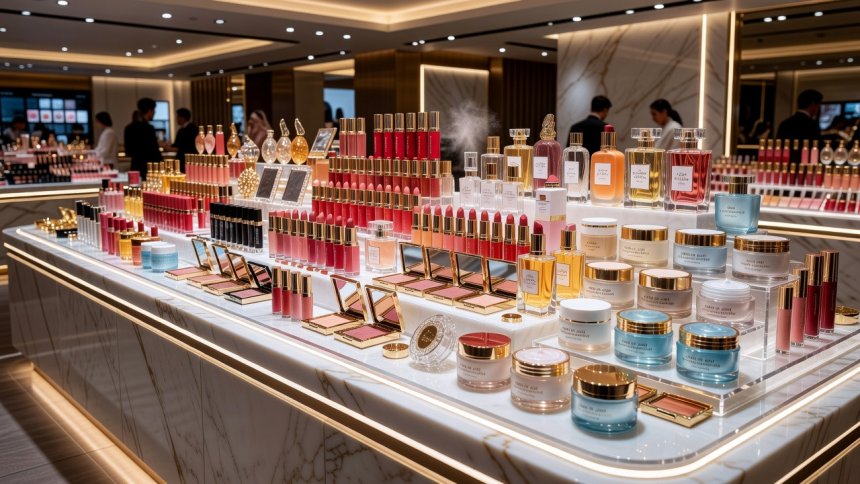 Прилавок, заполненный косметикой и кремами