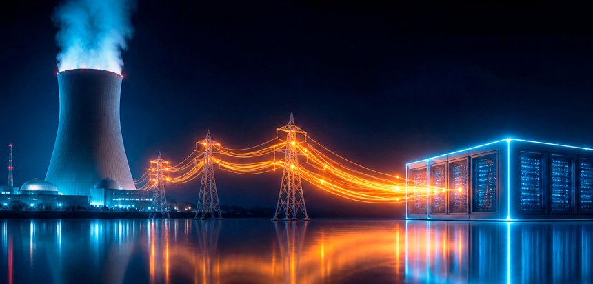 Атомная электростанция, питающая ЦОД, абстракция