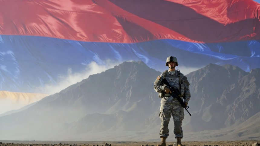 Военный на фоне горы