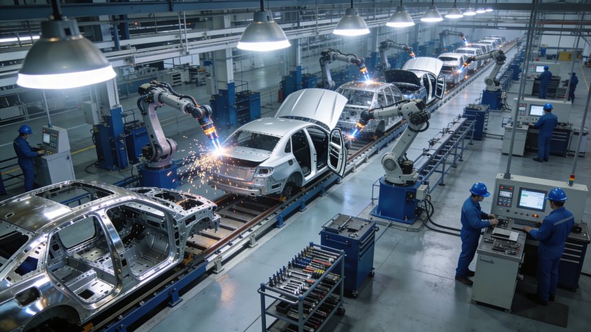 Конвейер производства автомобилей, абстракция