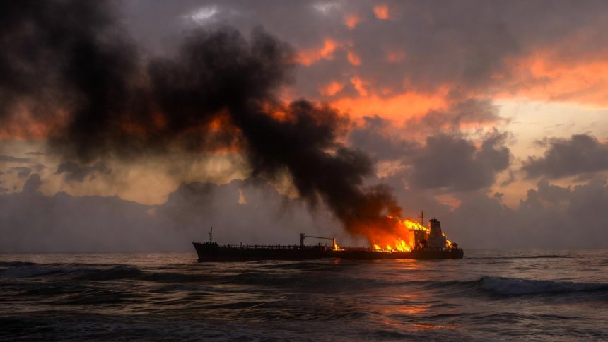горящий танкер, вид с боку, абстракция