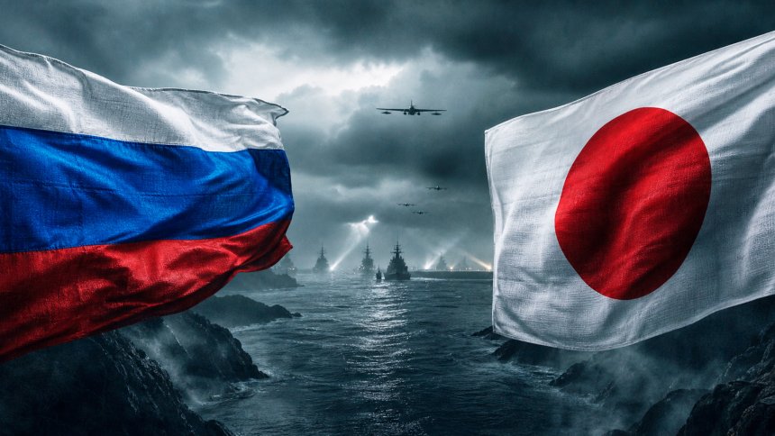 Флаги России и Японии на фоне военных кораблей в море