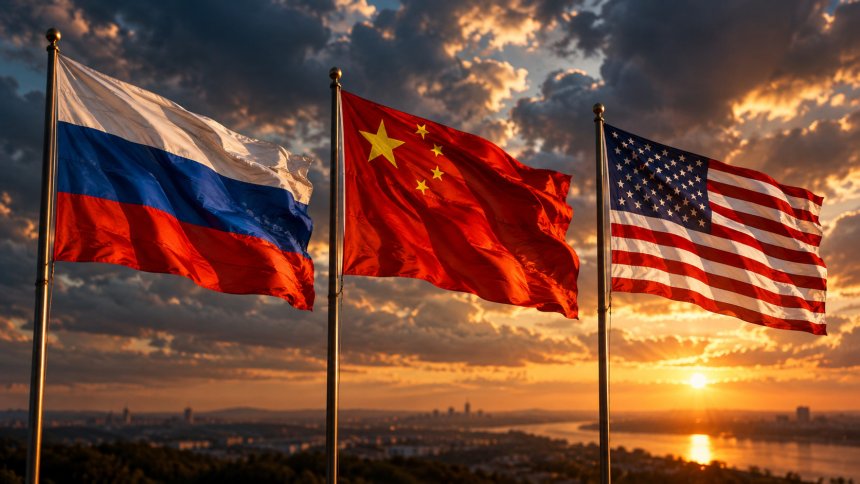 Флаги России, Китая и США