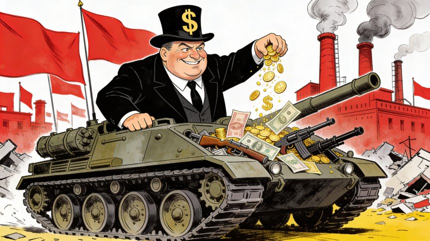 Американский банкир, верхом на танке посыпает его золотом и деньгами, карикатура